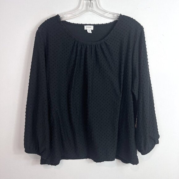 J Crew Swiss Dot Top Women’s XL Boho Peasant Popover Preppy Black Pleated - Picture 1 of 7